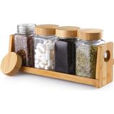 Esranın Dünyası Deconox 5 Parça Bambu Standlı Cam Baharatlık Seti - Doğal Bambu Kapaklı, Tezgâh Üstü Dekoratif Mutfak Düzenleyici Takım - 0,2 kg