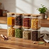 Esranın Dünyası Deconox 6'lı Set 350 ml Bambu Kapaklı Kare Cam Kavanoz - 6X10 cm Vakumlu Orta Boy Şeffaf Erzak Kabı Kahve Çay Baharatlık ve Mutfak Düzenleyici Organizer Saklama Kutusu - 001-Renkli - 1 Adet - 0,21 L