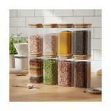 Esranın Dünyası Deconox 6'lı Set 520 ml Bambu Kapaklı Kare Cam Kavanoz - 6X15 cm Vakumlu Ekstra Uzun Boy Şeffaf Erzak Kabı Spagetti Makarna Kahve Bakliyat ve Mutfak Düzenleyici Saklama Kutusu