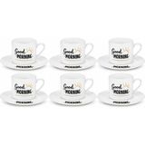 Esranın Dünyası Good Morning 6'lı Porselen Kahve Fincanı Takımı, 6 Fincan 6 Tabak, Modern Desenli Türk Kahvesi ve Espresso Fincan Seti, Günlük Kullanım, Misafir Sunumu ve Çeyizlik Şık Kahve Takımı
