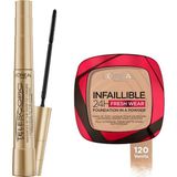 Esranın Dünyası L’oréal Paris Loreal Paris Telescopic Gold Siyah Maskara & Infaillible 24H Fresh Wear Pudra Fondöten 120 Vanilla Makyaj Seti - 001 Brown