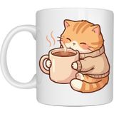 Esranın Dünyası Sevimli Kedi Tasarımlı Porselen Kupa Model 188 – Kahve Içen Tatlı Kedi Figürlü Kahve Kupası – Kedi Severlere Hediye Kupa Bardak - Belirtilmemiş - 001 - Beyaz