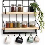 Esranın Dünyası Sogud Mutfak Rafı - 2 Katlı Baharatlık ve 6'li Kupa Askısı - Duvar Tipi Metal Ahşap Mutfak Düzenleyici - 40X30X10 cm - Çay Kahve Organizeri - Çivi ve Vida Dahil Değildir