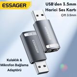 Essager 2in1 USB To 2x 3.5mm Aux Çevirici Adaptör, Kulaklık ve Mikforon Çevirici, Harici Ses Kartı - Siyah