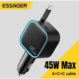 Essager 45W 3'ü 1'arada Geri Çekilebilir Kablolu Type-C+Usb Araç Şarj Cihazı Hızlı Ce+Rohs Lisanslı Orjinal Sağlam - Siyah