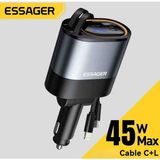 Essager 45W 4'ü 1'Arada Geri Çekilebilir Kablolu Type-C+İphone Lightning+Usb Araç Şarj Cihazı Hızlı CE+Rohs Lisanslı Orjinal Sağlam - Siyah
