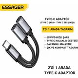 Essager 60W Şarj 2in1 Type-C To Type-C Dönüştürücü Çevirici Çoklayıcı Hızlı Şarj Type-C Kulaklık Çıkışı, Hifi Ses ve Hızlı Şarj Adaptörü - Gümüş