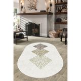 ESTA HALI Kare Taş Desenli Beyaz Oval Halı makinada Yıkanabilir Dot/keçe Taban - Cp1062