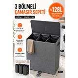 Esti 128 Litre 3 Bölmeli Kapaklı Çamaşır Sepeti - Taşınabilir İç Torba, Katlanabilir Geniş Hacimli Kirli Sepeti - 59x30,5x71 Cm Antrasit