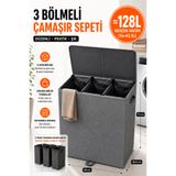 ESTİ 128 Litre 3 Bölmeli Kapaklı Çamaşır Sepeti - Taşınabilir İç Torba, Katlanabilir Geniş Hacimli Kirli Sepeti - 59x30,5x71 cm