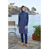 Estiva 25944 Lacivert Fermuarlı Geometrik Desenli Tam Boy Tesettür Mayo