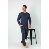 Estiva Erkek Kareli Alt Desenli Füme Uzun Kollu Patlı Penye Pijama Takımı