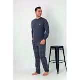 Estiva Erkek Kareli Alt Desenli Gri Uzun Kollu Patlı Penye Pijama Takımı