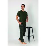 Estiva Erkek Kareli Alt Desenli Haki Kısa Kollu Patlı Penye Pijama Takımı