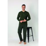 Estiva Erkek Kareli Alt Desenli Haki Uzun Kollu Patlı Penye Pijama Takımı