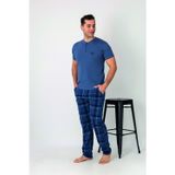 Estiva Erkek Kareli Alt Desenli Mavi Kısa Kollu Patlı Penye Pijama Takımı