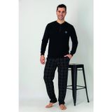 Estiva Erkek Kareli Alt Desenli Siyah Uzun Kollu Patlı Penye Pijama Takımı
