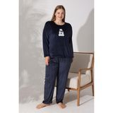 Estiva Kadın Ayıcık Desenli Lacivert Büyük Beden Kadife Pijama Takımı