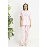 Estiva Kadın Flora Alt Desenli Pembe Penye Lycra Kısa Kollu Pijama Takımı
