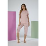 Estiva Kadın Kalp Alt Desenli Pembe Kısa Kollu Kaprili Soft Pijama Takımı