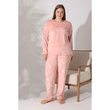 Estiva Kadın Kar Tanesi Desenli Somon Rengi Büyük Beden Kadife Pijama Takımı