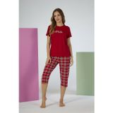 Estiva Kadın Kareli Alt Desenli Kırmızı Kısa Kollu Kaprili Soft Pijama Takımı