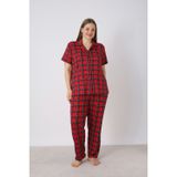 Estiva Kadın Kareli Kırmızı Kısa Kollu Önden Düğmeli Soft Battal Pijama Takımı