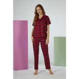 Estiva Kadın Kareli Kırmızı Kısa Kollu Önden Düğmeli Soft Pijama Takımı