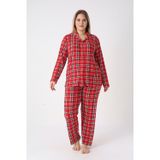 Estiva Kadın Kareli Kırmızı Önden Düğmeli Soft Battal Pijama Takımı