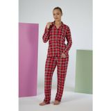 Estiva Kadın Kareli Kırmızı Önden Düğmeli Soft Pijama Takımı