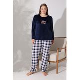 Estiva Kadın Kareli Lacivert Büyük Beden Kadife Pijama Takımı