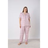 Estiva Kadın Kareli Pembe Kısa Kollu Önden Düğmeli Soft Battal Pijama Takımı