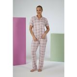 Estiva Kadın Kareli Pembe Kısa Kollu Önden Düğmeli Soft Pijama Takımı