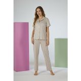 Estiva Kadın Pembe Çizgili Gri Kısa Kollu Önden Düğmeli Soft Pijama Takımı