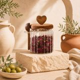 EstoreBox 460 ml Kulplu Kaşıklı Cam Kavanoz Akasya Ahşap Kapaklı Baharat Çay Kuruyemiş Saklama Kabı
