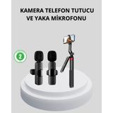 EstoreBox Kablosuz Çift Yaka Mikrofonu ve Tripodlu Selfie Çubuğu Içerik Üretici Seti