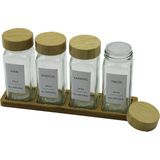 EstoreBox Promosyonca 4'lü Cam Baharatlık Seti, Bambu Kapaklı Standlı, Mutfak Organizatörü, Baharat Saklam