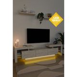 Estoria Home LED Işıklı Terra Tv Ünitesi 190CM Modern Kullanışlı 3 Kapaklı Raflı Uçan Tv Sehpası Traverten Desen - Bej