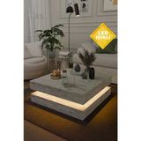Estoria Home Terra Led Işıklı Traverten Desen Kare Orta Sehpa Modern Tasarım 2 Katlı Orta Sehpa Dekoratif Sehpa