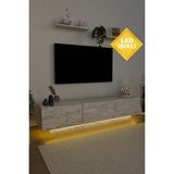 Estoria Home Terra LED Işıklı Traverten Mermer Tv Ünitesi Modern Uçan Tv Sehpası 3 Kapaklı Bohem Minimal Tasarım - Bej