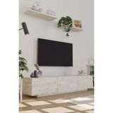 Estoria Home Terra Traverten Mermer Desen Tv Ünitesi Modern Uçan Tv Sehpası 3 Kapaklı Bohem Minimal Tasarım - Bej