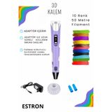 ESTRON Mor 3d Kalem 3d Pen Yazıcı Kalem | 10 Adet 5 Metre (TOPLAM 50 METRE) Filament Adaptörlü