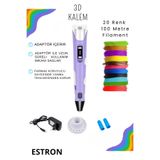 ESTRON Mor 3d Kalem 3d Pen Yazıcı Kalem | 20 Adet 5 Metre (TOPLAM 100 METRE) Filament Adaptörlü