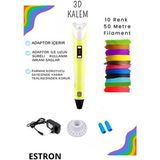 ESTRON Sarı 3d Kalem 3d Pen Yazıcı Kalem | 10 Adet 5 Metre (TOPLAM 50 METRE) Filament Adaptörlü