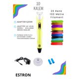 ESTRON Sarı 3d Kalem 3d Pen Yazıcı Kalem | 20 Adet 5 Metre (TOPLAM 100 METRE) Filament Adaptörlü