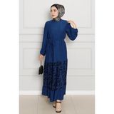 Eteği Desenli Karin Elbise-Saks Mavi - 38
