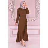 Eteği Volanlı Kemeri Taşlı Tesettür Abiye Elbise 2497 - 52 - Taba