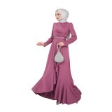 Eteği Volanlı Kemeri Taşlı Tesettür Abiye Elbise 2497 (Bordo, 52)