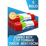 Ethex Endüstriyel Jumbo Boy Çöp Torbası/poşeti - (10 ADET, 700 GR, 80X110 CM, 90 LİTRE, KIRMIZI, 5 RULO)