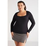 ETHIQUET Aadabb Kadın Büyük Beden Slim Fit Dar Kesim Vücudu Saran Kare Yaka Uzun Kollu Siyah Büyük Beden Bluz - 4XL